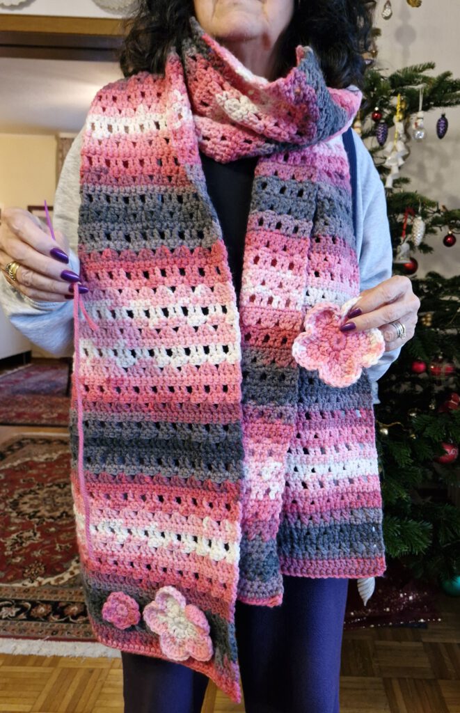 Batik Flower Shawl Crochet Scarf Pattern PDF Download Chunky Yarn Tutorial Beginner Friendly Instructions Striped Design Flower Embellishment Detailed Photo Guide Step By Step Directions Easy Skill Level Winter Accessory Project DIY Handmade Gift Idea Women
