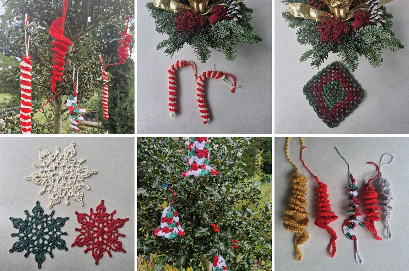 Crochet Christmas ornaments pattern bundle: collage of crocheted icicles, candy canes, a granny square, snowflake stars and bells
