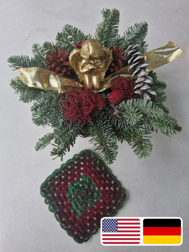 Crocheted granny square and Christmas arrangement with US and German flags for the English and German pattern