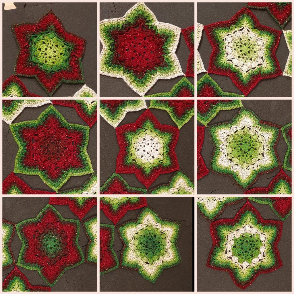 Nine crochet hexie stars in different red, green and cream color variations